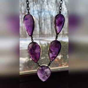 Vintage Teardrop Amethyst gemstone necklace, sterling silver settings. 